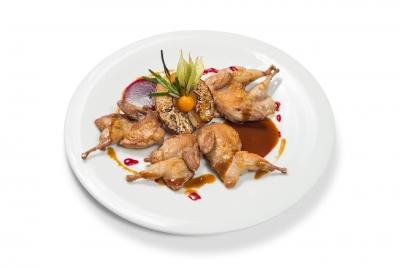 Roasted Quail with baked Pear photo Roasted Quail with baked Pear image